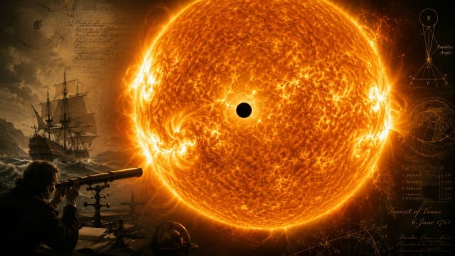 Transit of Venus across the Sun illustrating how astronomers measured the distance between Earth and the Sun during historic scientific expeditions.