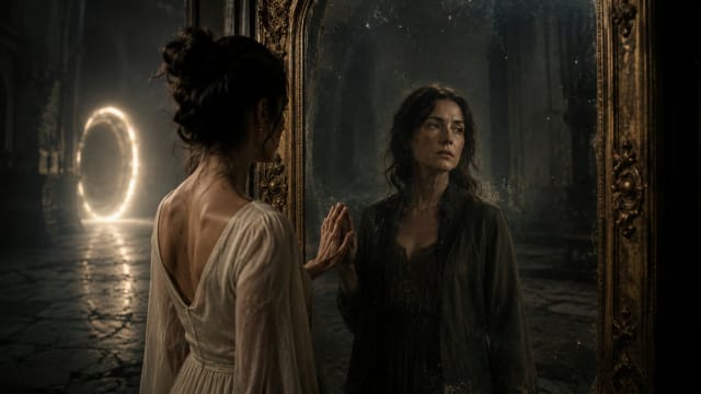 A young woman stares into an antique mirror where an older version of herself looks back, symbolizing the philosophical paradox of time travel, personal identity, memory, and the nature of the self.