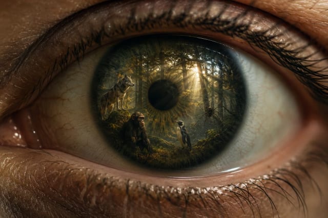 Macro photograph of a human eye reflecting a forest with wildlife, illustrating how human perception and language shape our understanding of nature, animal behaviour and evolutionary biology.