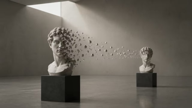 A minimalist museum scene where a marble bust dissolves into fragments that reassemble into an identical bust, symbolizing originality, identity, authenticity and continuity over time.