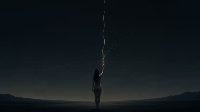 Alt text: A solitary woman reaches toward a fading thread beneath a vast night sky, symbolizing manifestation, human belief, and the search for meaning in the universe.