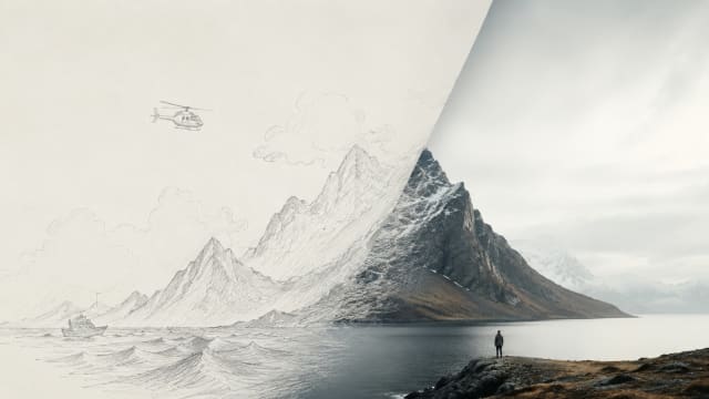 Minimal conceptual illustration showing a pencil-sketched landscape transforming into a realistic mountain scene, symbolizing imagination becoming reality in The Secret Life of Walter Mitty.