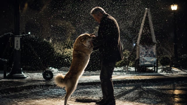 Hachiko reunites with his owner in a snowy night at Shibuya Station, capturing the timeless story of loyalty, unconditional love, and one of history's most faithful dogs.
