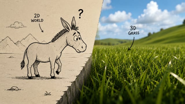 2D donkey staring at lush 3D grass, illustrating Stephen Hawking's thought experiment on two-dimensional life, geometry, topology and the necessity of three-dimensional space.