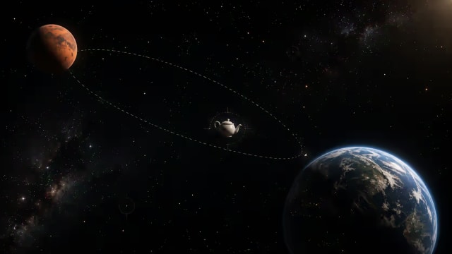 Illustration of Bertrand Russell's celestial teapot orbiting between Earth and Mars, symbolizing the burden of proof, skepticism and evidence-based reasoning.