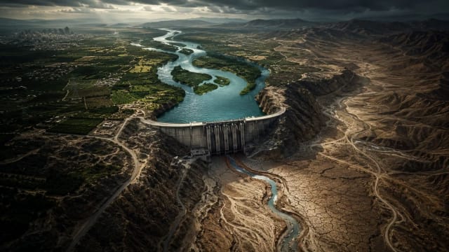 Aerial view of a massive dam controlling a river between lush farmland and drought-stricken terrain, illustrating water scarcity, geopolitical power and the weaponisation of water.