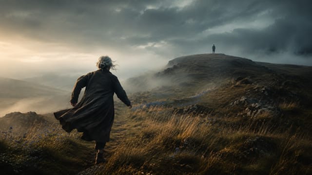 Cinematic elderly woman running across a misty hillside toward a lone figure on a distant ridge, symbolising lost love, regret, memory and unresolved guilt.