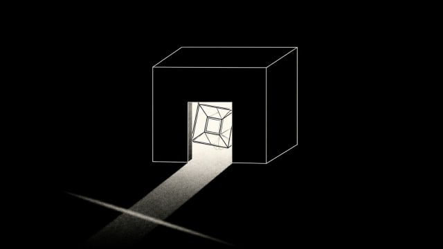 Minimalist fourth dimension concept showing a three dimensional cube with an impossible geometric doorway, illustrating higher dimensional space, perception, mathematics and the idea of a higher dimensional being.