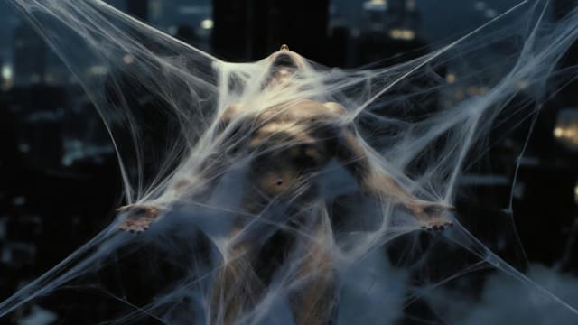 Unclad man trapped in a giant spider web above a city at night, symbolising Spider-Man, power, responsibility and moral entanglement.