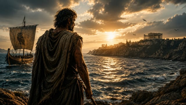 Odysseus standing on a rocky Greek shore at sunset, returning home after his epic journey, symbolising the arc of the hero from identity and exile to transformation and recognition.