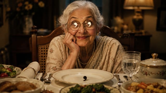 Elderly grandmother smiling at a dinner table with comma-shaped reflections in her glasses, illustrating punctuation, language, grammar and the essay The Comma That Saves Grandma.
