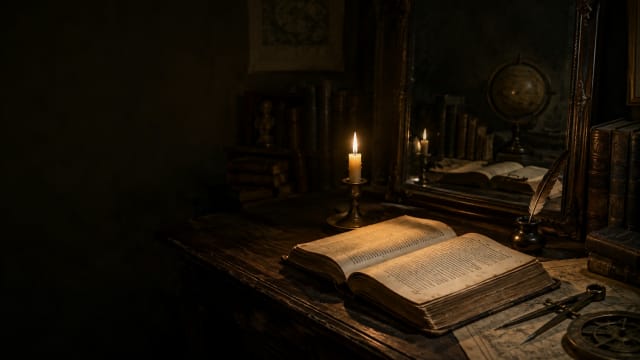 Candlelit philosopher's study with an open book, antique mirror and scholarly objects, symbolising skepticism, doubt, knowledge and the limits of certainty.