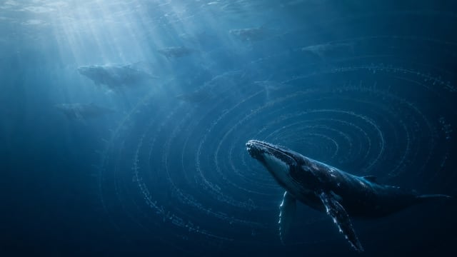 Cinematic humpback whales communicating through song in the deep ocean, illustrating whale song, animal culture, social learning, and the evolution of cultural traditions.