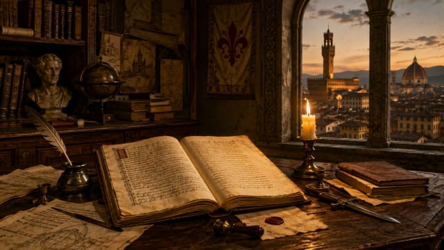 Renaissance-era Florentine study with an open manuscript, quill, candlelight, classical books and a view of Florence, evoking political philosophy, civic virtue and the struggle for power.