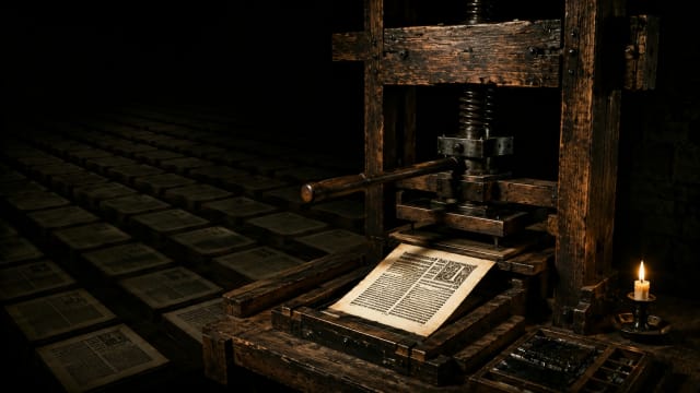 Gutenberg printing press producing printed pages, symbolizing the Renaissance spread of knowledge and the information revolution.