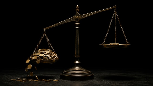 Dramatically unbalanced antique weighing scales with gold coins spilling from the heavier pan against a dark black background, symbolising inequality and wealth.