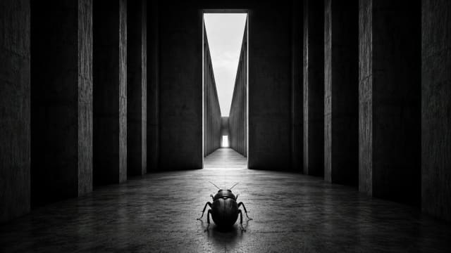 A surreal black-and-white scene inspired by Kafka's The Metamorphosis, showing a giant insect facing an imposing corridor and distant doorway, symbolising alienation and bureaucracy.