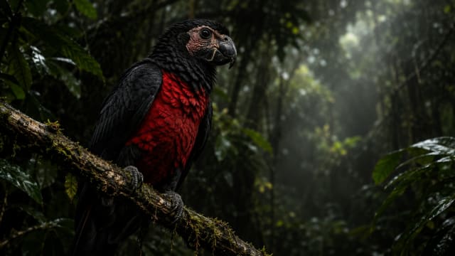Dracula parrot (Pesquet's parrot) with black feathers and vivid red chest perched on a mossy branch in a dark New Guinea rainforest.