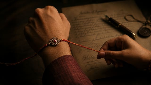 Raksha Bandhan rakhi tied around a wrist, symbolizing sibling bonds, protection and social obligation, with a traditional Indian thread contrasted against a handwritten contract and fountain pen in cinematic lighting.
