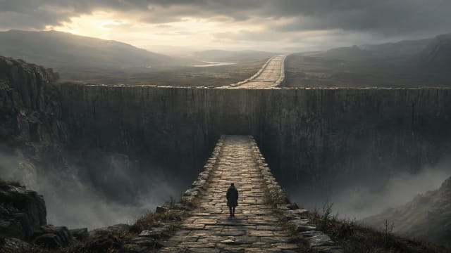 A lone thinker walks along a stone road toward an imposing wall that blocks the path, symbolising aporia, philosophical uncertainty, intellectual impasse and the limits of human reasoning.