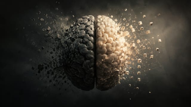 Human brain split into two halves, with one side dissolving and the other reforming, symbolising belief change, cognitive restructuring, neuroplasticity and transformation of thought.