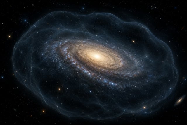 A spiral galaxy surrounded by a faint luminous dark matter halo in deep space, visualizing gravitational fields and the invisible matter shaping galaxies in the universe.