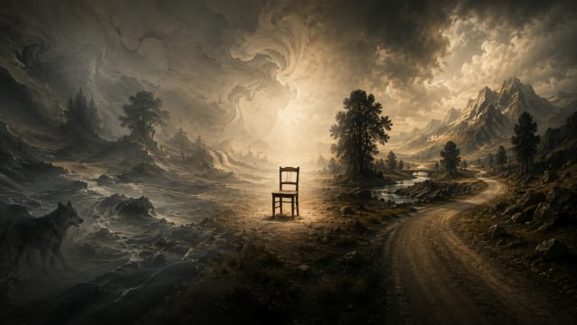 Surreal landscape illustrating the Sapir-Whorf hypothesis and linguistic relativity, where trees, rivers, mountains and animals merge into a continuous world around a sharply defined wooden chair, symbolising how language creates categories and shapes human perception.