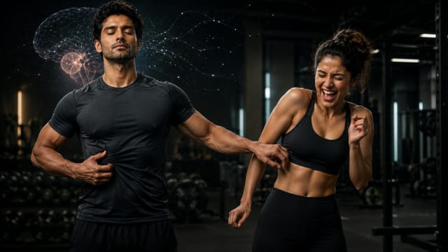 Two gym athletes demonstrate why you cannot tickle yourself, with a calm man tickling himself while another person's touch makes a woman laugh, illustrating brain prediction, surprise and self awareness.