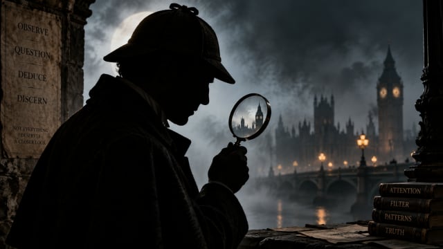 Sherlock Holmes silhouette examining a magnifying glass in foggy Victorian London, symbolising observation, attention, deduction and selective perception in a cinematic Reading Comprehension scene.