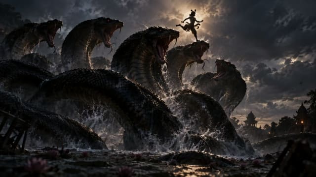 Lord Krishna leaping across the heads of the giant serpent Kaliya Nag in a dark, stormy Yamuna River, cinematic Mahabharata-inspired Hindu mythology artwork.