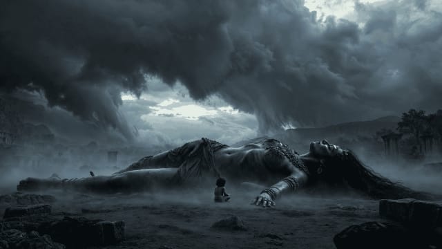 Krishna and Putana in a dramatic mythological landscape beneath storm clouds, depicting the fallen demoness beside the serene child Krishna in a cinematic Indian epic scene.