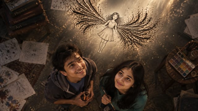 Two young students discover the magic of learning as a hand-drawn fairy gains magnetic wings from iron filings in a creative science experiment.