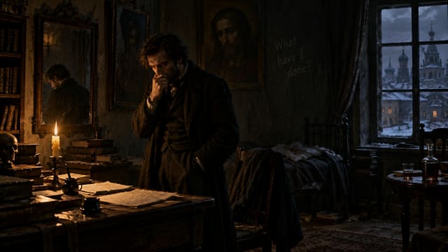 19th century Russian man in a dim candlelit room, portraying Dostoevsky-inspired psychological guilt, isolation, and inner conflict in a dark atmospheric literary scene.