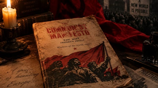 The Communist Manifesto by Karl Marx and Friedrich Engels in a dramatic candlelit setting, symbolizing communism, political ideology, revolutionary ideas, class struggle and the historical power of political rhetoric.