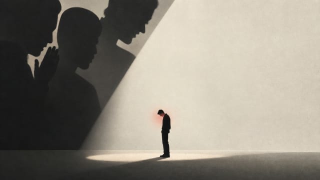 Minimalist conceptual illustration of embarrassment showing a solitary person under a spotlight, surrounded by looming silhouettes representing the gaze of others, exploring social judgment, self-consciousness, shame, and the phenomenology of embarrassment.