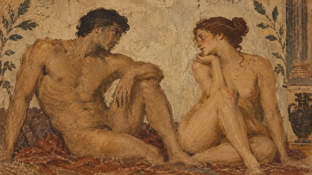 Ancient classical fresco depicting a nude man and woman gazing at each other with desire, symbolising human sexuality, attraction, intimacy and the evolution of desire beyond seasonal animal mating.