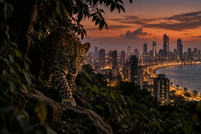 Leopard emerging from dense forest at dusk with Mumbai city skyline and coastal lights in the background, symbolizing the coexistence of wildlife and urban life in Mumbai's urban jungle.