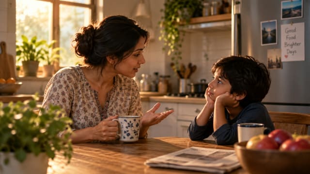 Mother and child having a warm, intimate conversation in a cozy kitchen, symbolizing family communication, listening and everyday connection.