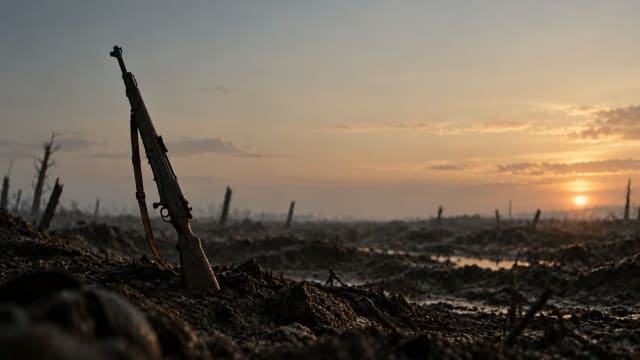 Abandoned World War II rifle embedded in a muddy battlefield at sunset, symbolising Hiroo Onoda, the forgotten war and the psychological trap of clinging to a reality that has already ended.