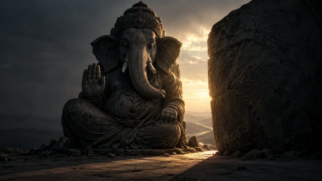 Ganesha statue beside a massive stone obstacle with golden light shining through, symbolising Vighnaharta and Vighnakarta—the remover and placer of obstacles in Hindu philosophy.