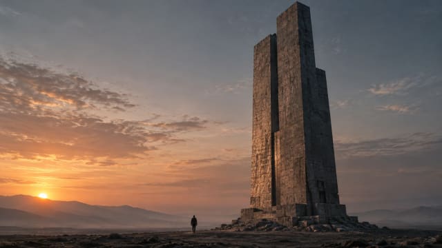 A lone human figure stands before a towering ancient stone monument at sunset, symbolizing mortality, human legacy, monuments, and Terror Management Theory.