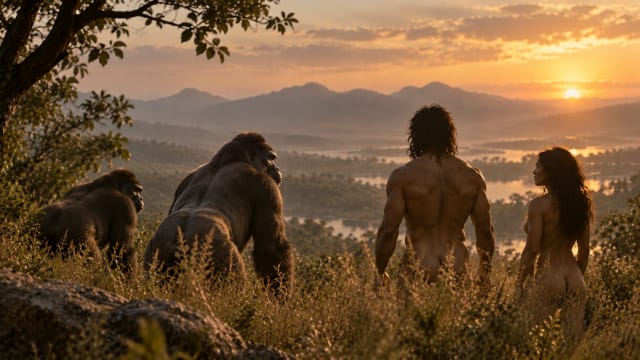 Ancient human evolution and primate comparison illustrated in a cinematic prehistoric landscape, representing why humans evolved distinctive sexual anatomy, for a GRADFLIX Essays RC inspired by IIM Indore.
