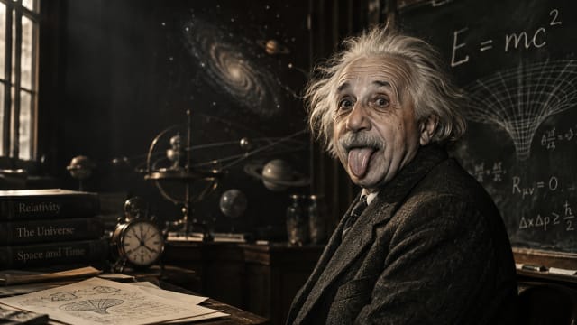 Albert Einstein sticking out his tongue in his iconic pose, surrounded by physics equations, clocks, planets and a chalkboard in a cinematic vintage study.