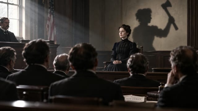Lizzie Borden in a Victorian courtroom as jurors confront her acquittal, with her composed figure casting the shadow of a woman holding a hatchet, symbolising the mystery of the 1892 Borden murders.