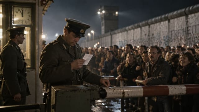 Berlin Wall fall in 1989 showing an East German border guard reading a document as crowds gather at the checkpoint, illustrating how a bureaucratic mistake helped trigger a historic moment.