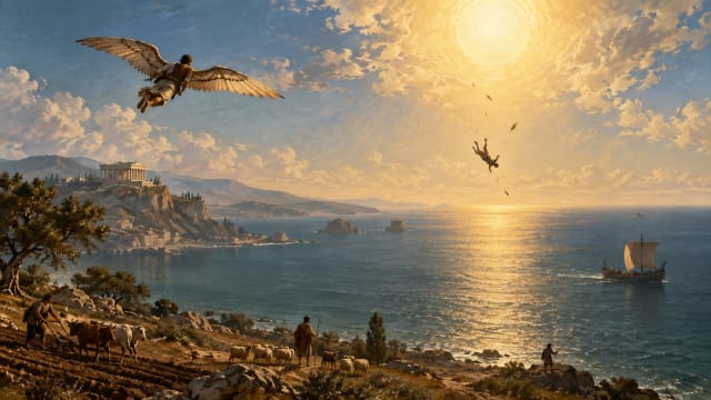 Daedalus flies safely toward Sicily as Icarus falls from the sky near the sun, while a fisherman, shepherd, ploughman and sailing ship continue their lives below in a classical Mediterranean landscape.