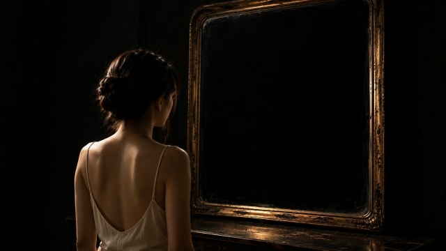 Young woman in an off-white camisole standing before a reflectionless mirror in a dark room, symbolising identity, psychological control and the construction of selfhood in North Korea.