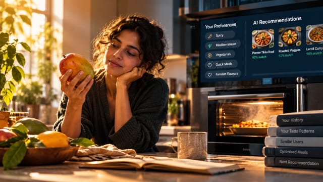 A person holding a ripe mango in a sunlit kitchen while a tablet displays nutrition data beside them, illustrating the gap between measured data and lived human experience.