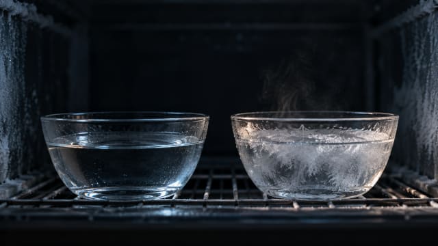 Two identical glasses of water on a frosted freezer shelf, one steaming and one cold, with a thin skin of ice forming on the steaming one.