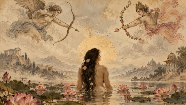 Two archer gods, the winged Cupid before a Greek hillside temple and the crowned Kamadeva before an Indian pavilion, aim arrows at a woman standing in a lotus pond beneath a gold sun.